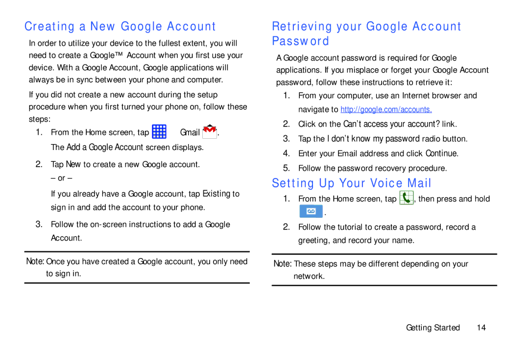 Samsung SGH-I537_UM Creating a New Google Account, Retrieving your Google Account Password, Setting Up Your Voice Mail 