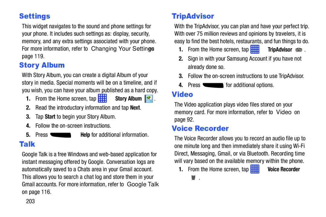 Samsung SGH-I537_UM user manual Settings, Story Album, Talk, TripAdvisor, Voice Recorder 