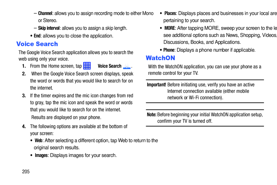 Samsung SGH-I537_UM user manual Voice Search, WatchON, End allows you to close the application, 205 