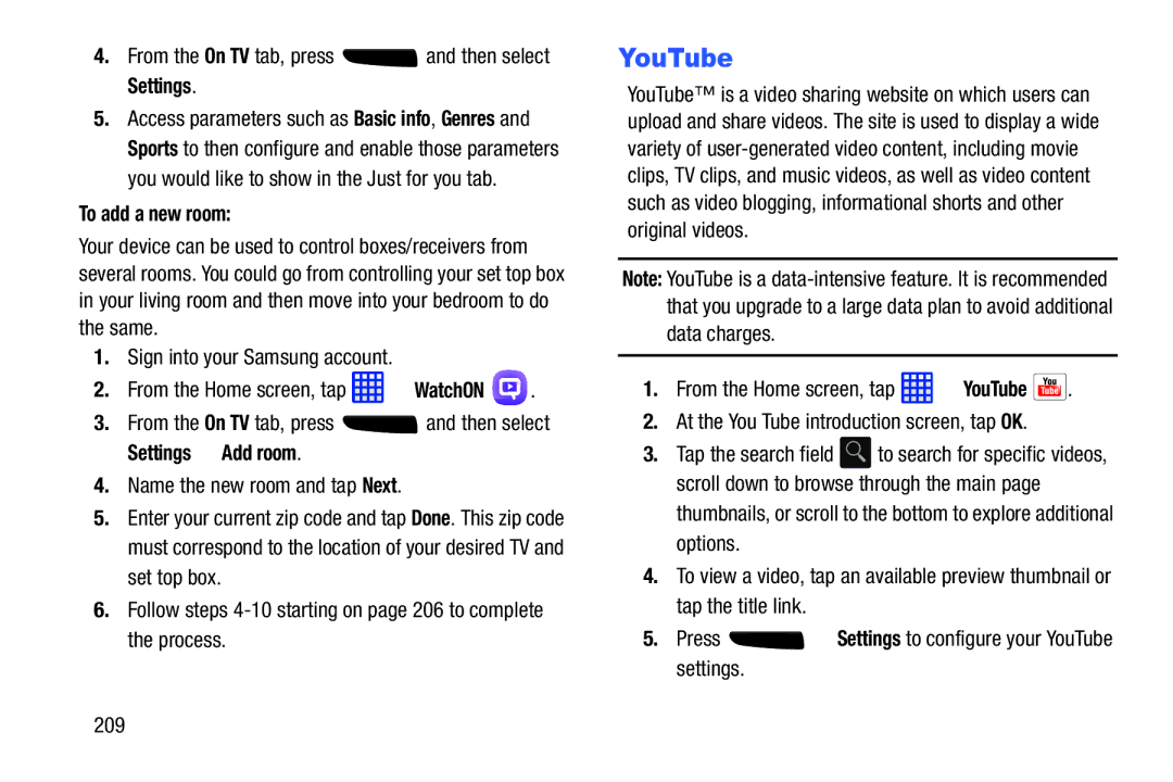 Samsung SGH-I537_UM user manual YouTube, From the On TV tab, press and then select Settings, To add a new room 