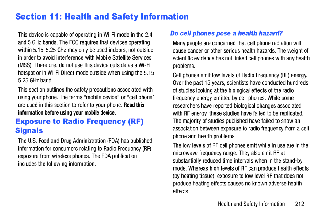 Samsung SGH-I537_UM user manual Exposure to Radio Frequency RF Signals, Do cell phones pose a health hazard?, 212 