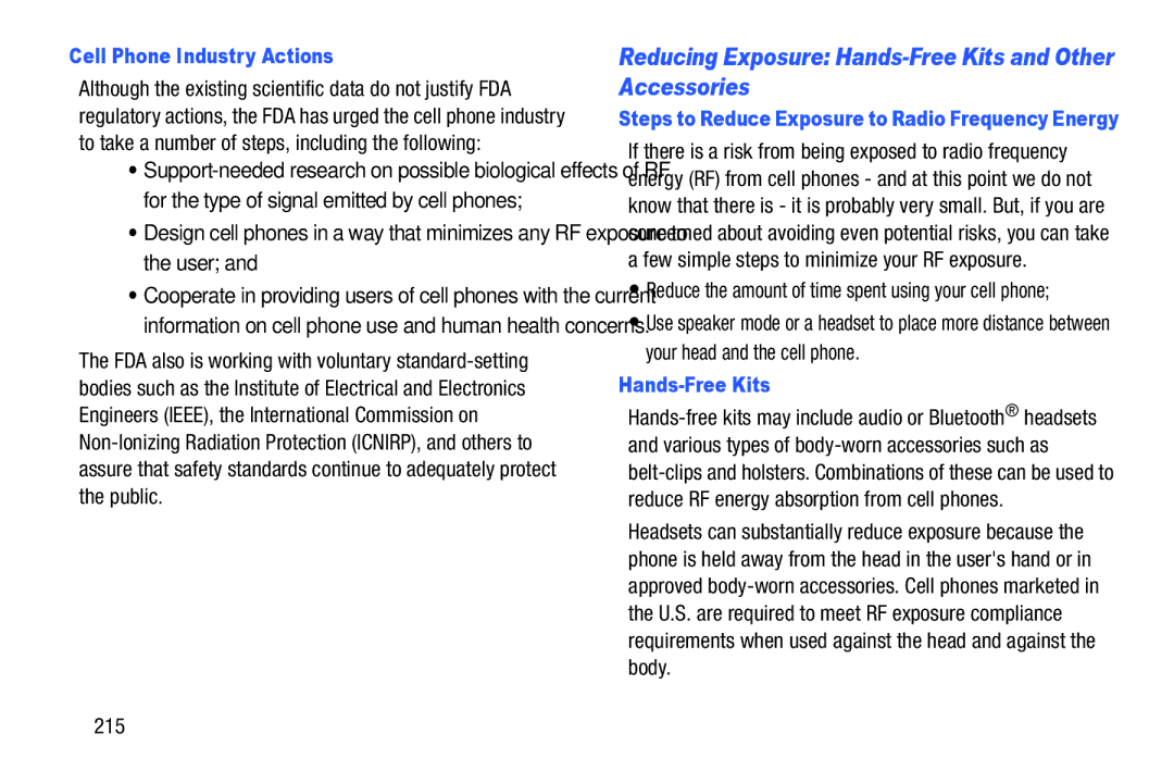 Samsung SGH-I537_UM user manual Reducing Exposure Hands-Free Kits and Other Accessories, Cell Phone Industry Actions, 215 