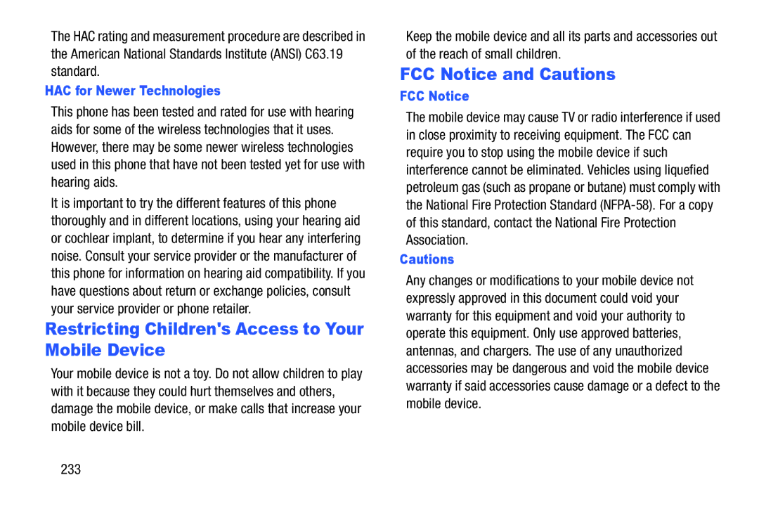 Samsung SGH-I537_UM user manual Restricting Childrens Access to Your Mobile Device, FCC Notice and Cautions, 233 