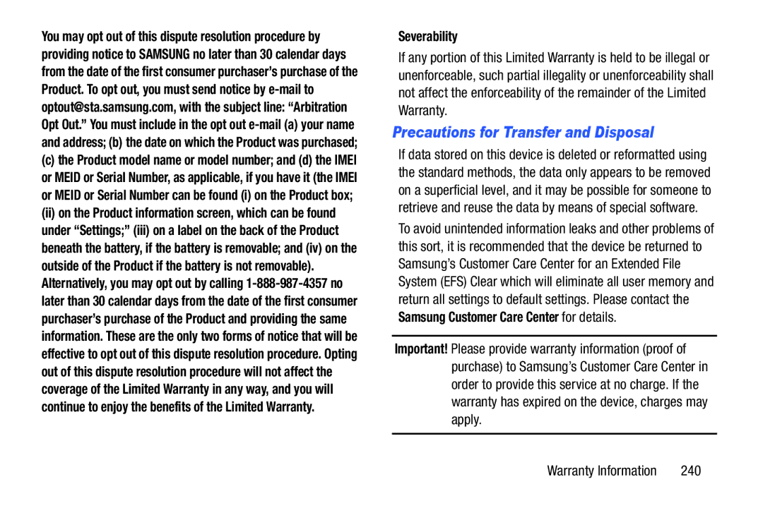 Samsung SGH-I537_UM user manual Precautions for Transfer and Disposal, Severability, 240 