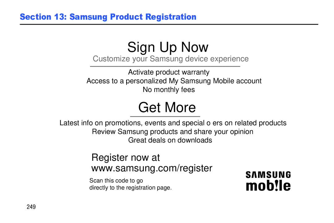 Samsung SGH-I537_UM user manual 249, Scan this code to go Directly to the registration 