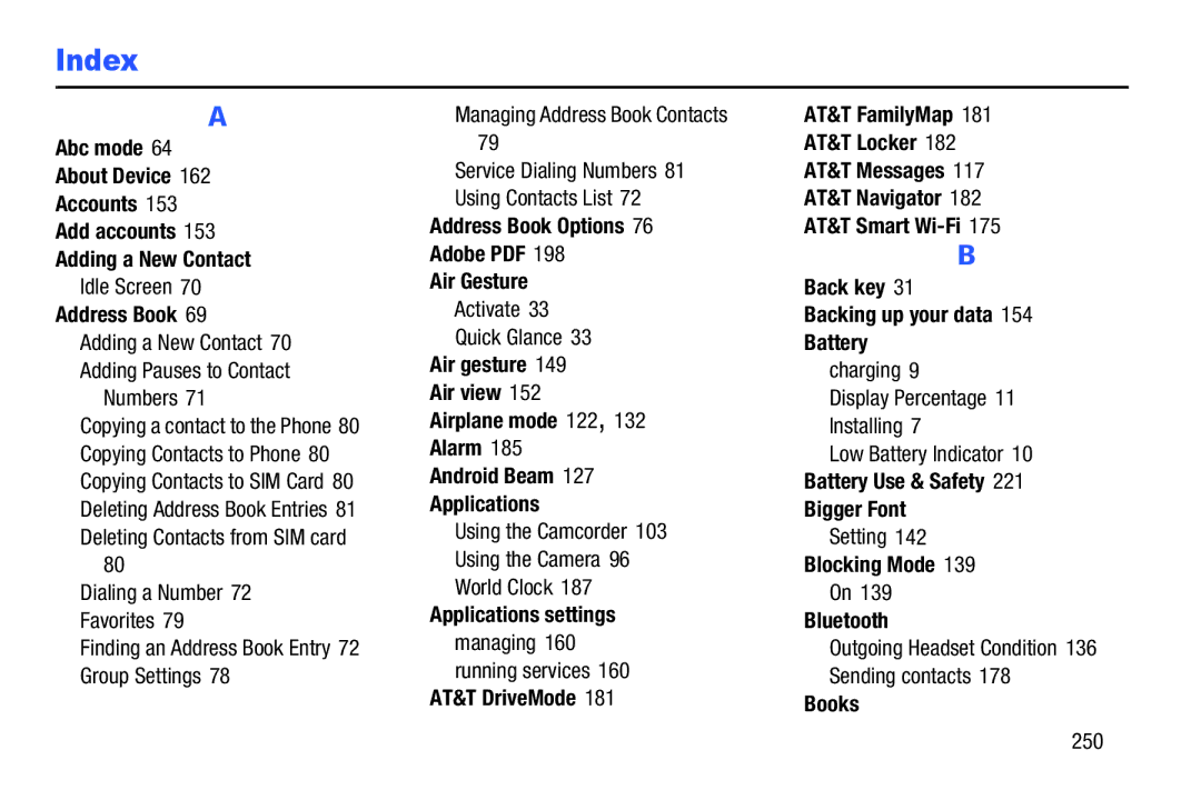 Samsung SGH-I537_UM Address Book Options Air Gesture, Applications settings, Battery Use & Safety Bigger Font, Books 