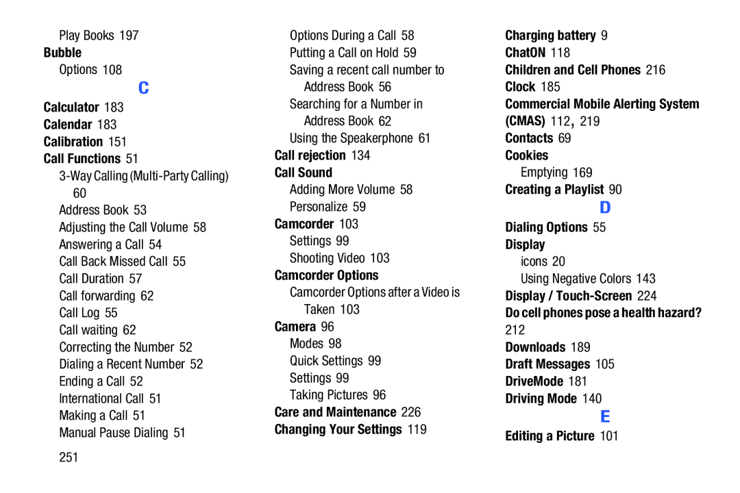 Samsung SGH-I537_UM Bubble, Calculator Calendar Calibration Call Functions, Call rejection Call Sound, Camcorder Options 