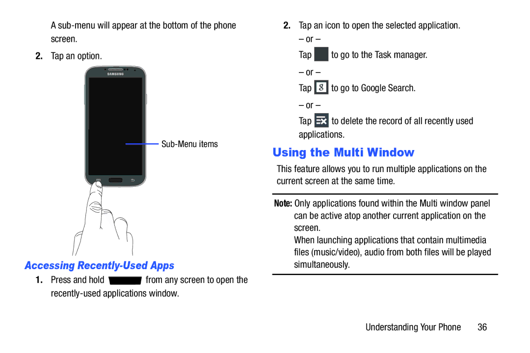 Samsung SGH-I537_UM user manual Using the Multi Window, Accessing Recently-Used Apps, Sub-Menu items 