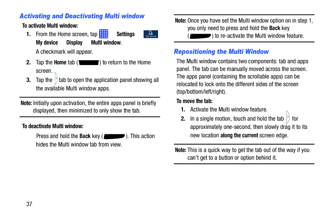 Samsung SGH-I537_UM user manual Repositioning the Multi Window, To activate Multi window, My device Display Multi window 