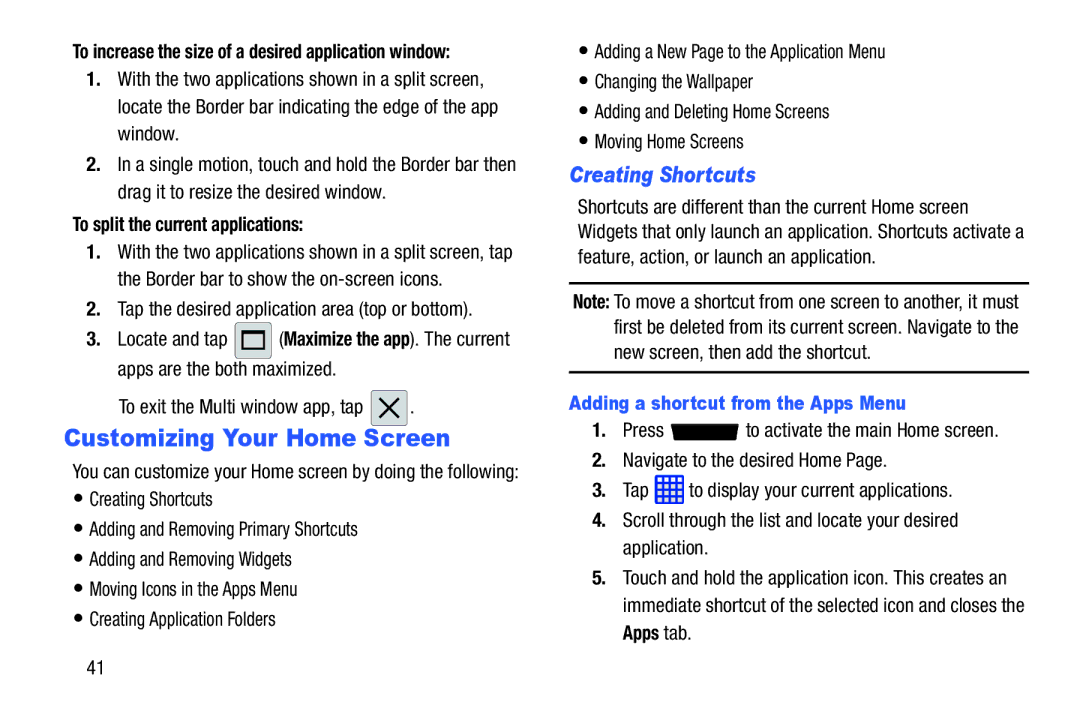 Samsung SGH-I537_UM user manual Customizing Your Home Screen, Creating Shortcuts, To split the current applications 