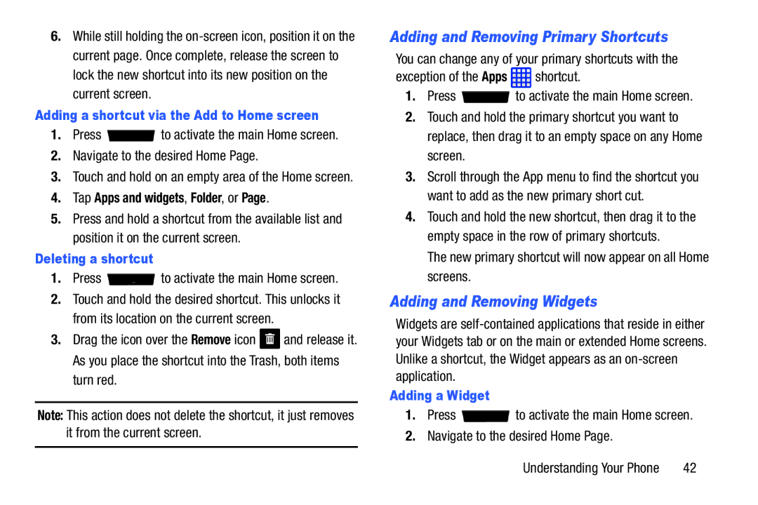 Samsung SGH-I537_UM Adding and Removing Primary Shortcuts, Adding and Removing Widgets, Tap Apps and widgets, Folder, or 