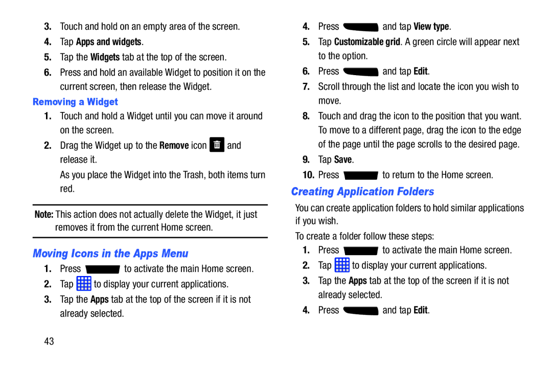 Samsung SGH-I537_UM Moving Icons in the Apps Menu, Creating Application Folders, Tap Apps and widgets, Removing a Widget 