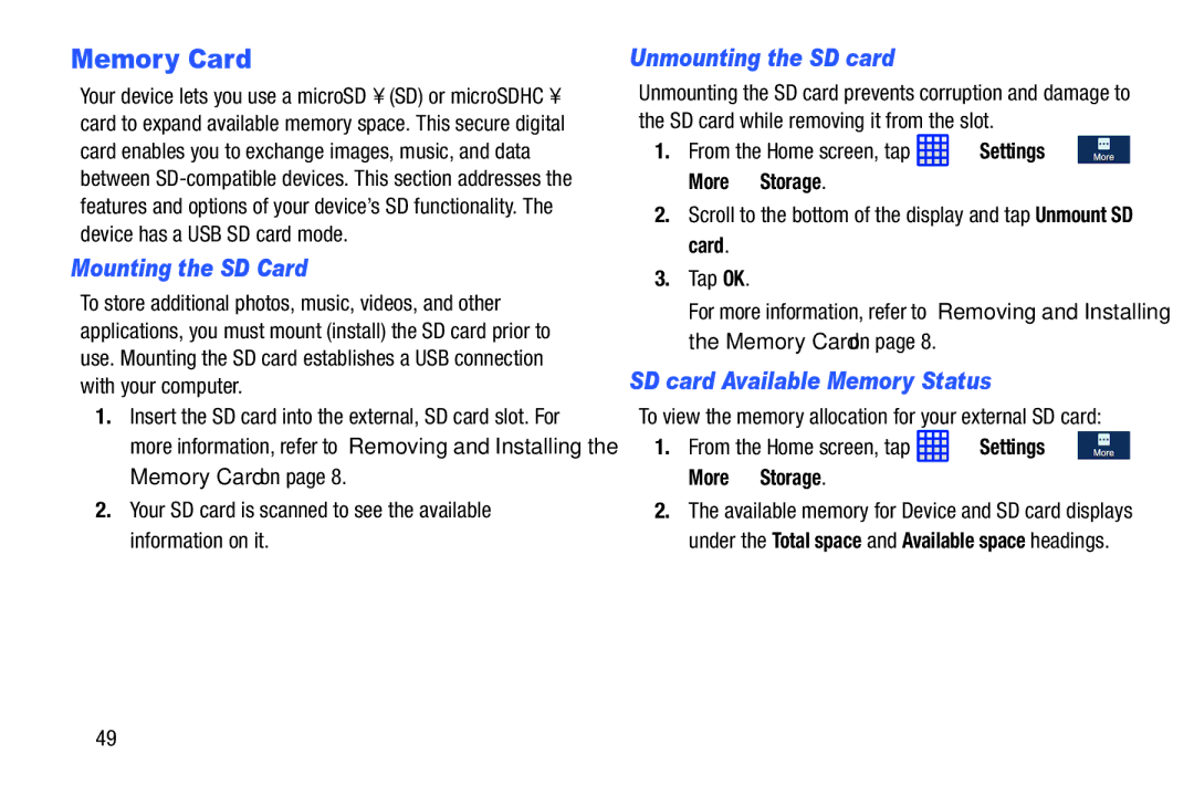 Samsung SGH-I537_UM user manual Memory Card, Mounting the SD Card, Unmounting the SD card, SD card Available Memory Status 