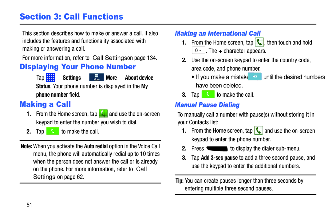 Samsung SGH-I537_UM Displaying Your Phone Number, Making a Call, Making an International Call, Manual Pause Dialing 