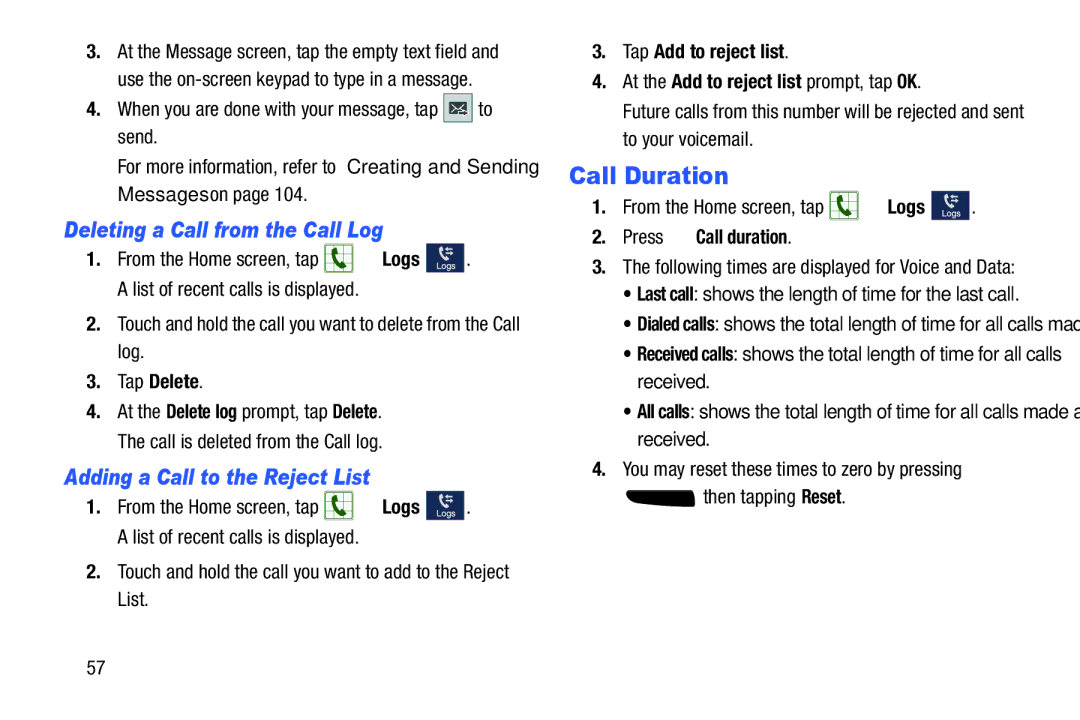 Samsung SGH-I537_UM Call Duration, Deleting a Call from the Call Log, Adding a Call to the Reject List, Tap Delete 