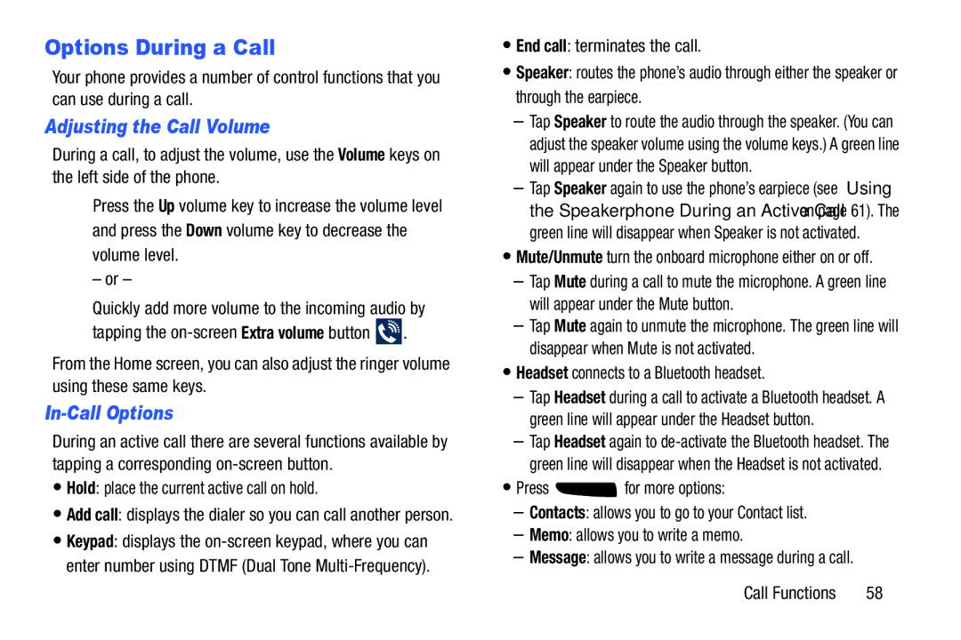 Samsung SGH-I537_UM user manual Options During a Call, Adjusting the Call Volume, In-Call Options 