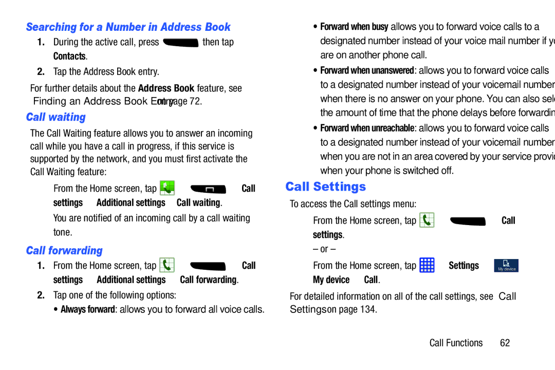 Samsung SGH-I537_UM Call Settings, Searching for a Number in Address Book, Call waiting, Call forwarding, My device Call 