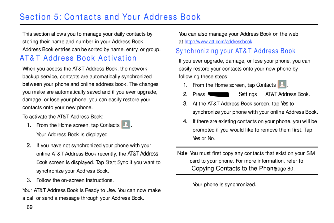 Samsung SGH-I537_UM AT&T Address Book Activation, Synchronizing your AT&T Address Book, To activate the AT&T Address Book 