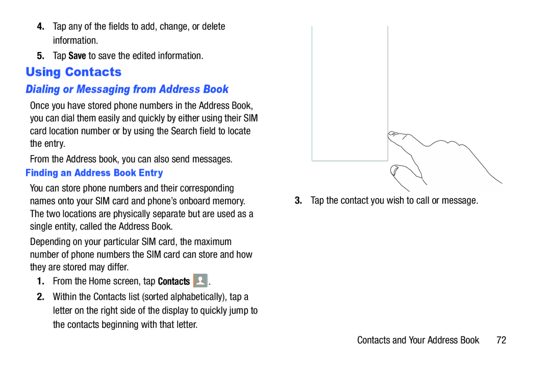 Samsung SGH-I537_UM user manual Using Contacts, Dialing or Messaging from Address Book, Finding an Address Book Entry 