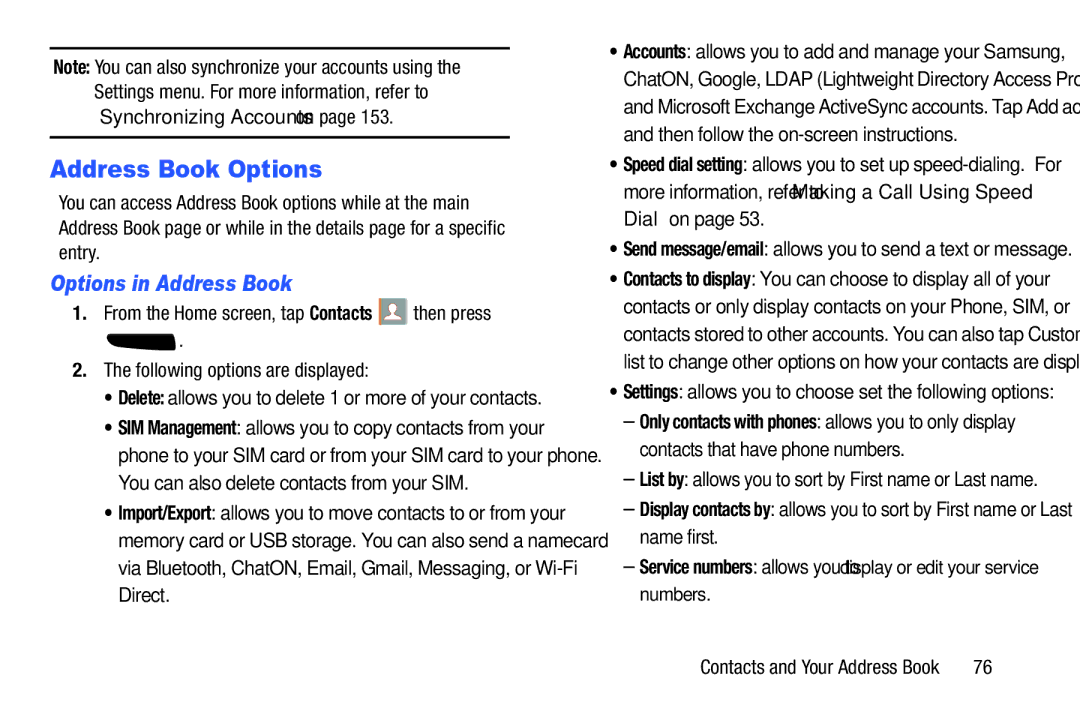 Samsung SGH-I537_UM user manual Address Book Options, Options in Address Book, Following options are displayed 