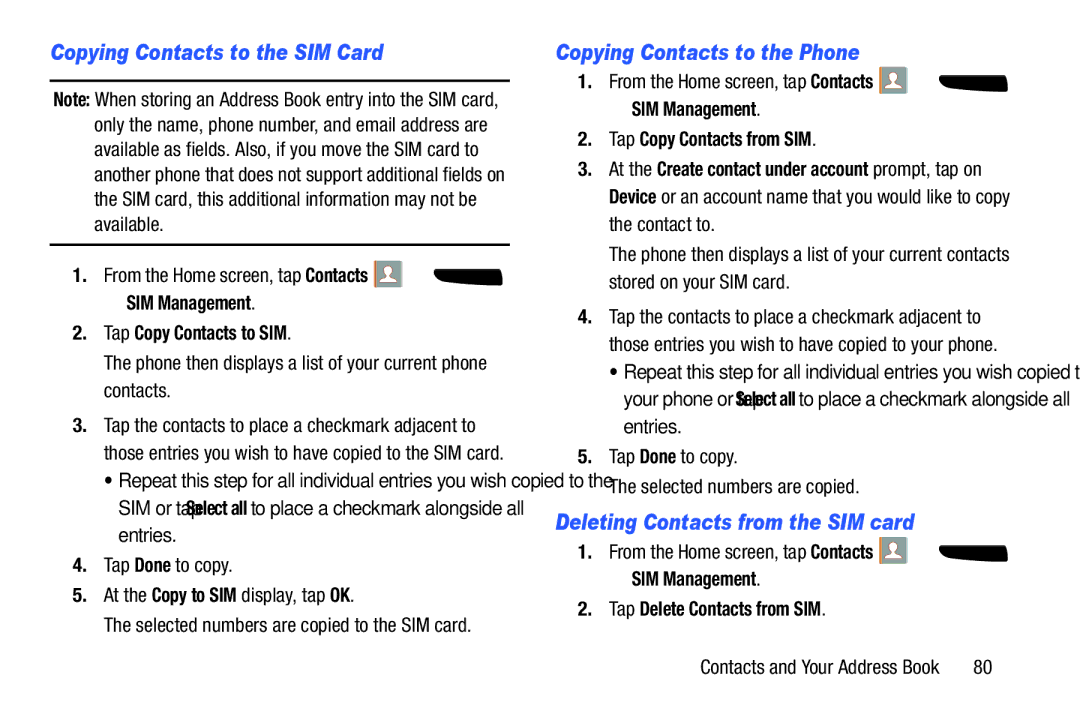 Samsung SGH-I537_UM Copying Contacts to the SIM Card, Copying Contacts to the Phone, Deleting Contacts from the SIM card 