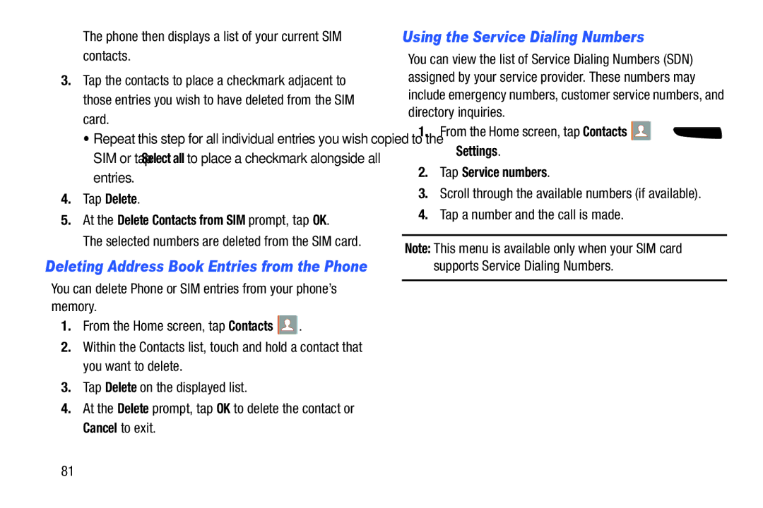 Samsung SGH-I537_UM user manual Using the Service Dialing Numbers, Settings Tap Service numbers 