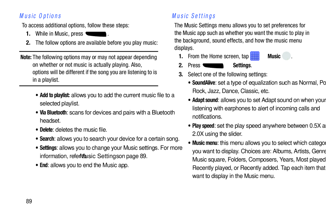 Samsung SGH-I537_UM user manual Music Options, Music Settings, End allows you to end the Music app, Press Settings 