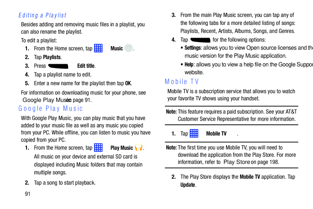 Samsung SGH-I537_UM user manual Google Play Music, Editing a Playlist, Tap Playlists Press Edit title, Tap Mobile TV 