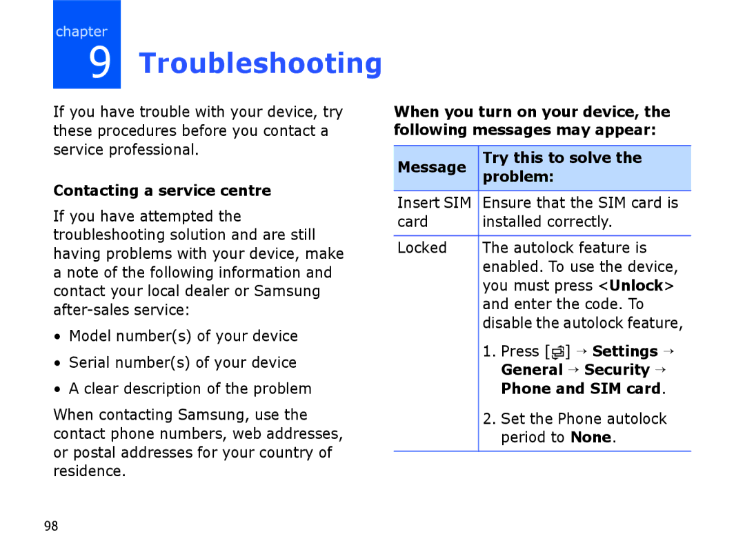 Samsung SGH-I550DKWARB Troubleshooting, Contacting a service centre, Message Try this to solve Problem, Phone and SIM card 