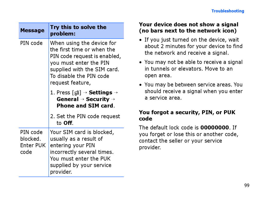 Samsung SGH-I550DKWTUR, SGH-I550DKFXSG, SGH-I550DKWARB, SGH-I550DKWMED manual You forgot a security, PIN, or PUK code 