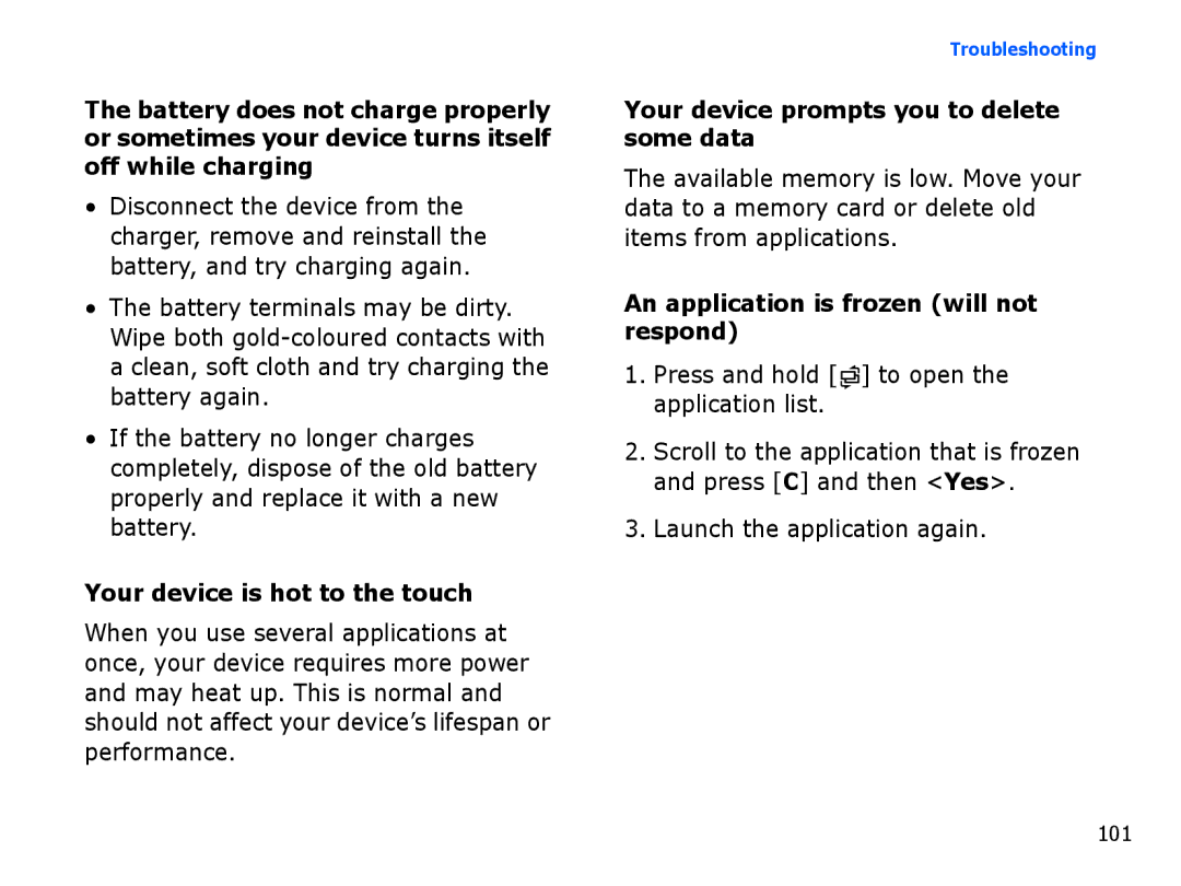 Samsung SGH-I550DKMXSG, SGH-I550DKFXSG manual Your device is hot to the touch, Your device prompts you to delete some data 