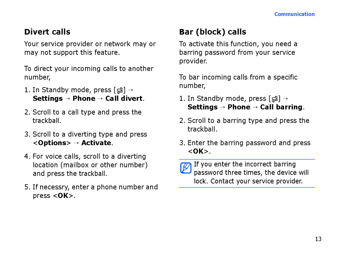 Samsung SGH-I550DKAXSG, SGH-I550DKFXSG manual Divert calls, Bar block calls, To direct your incoming calls to another number 