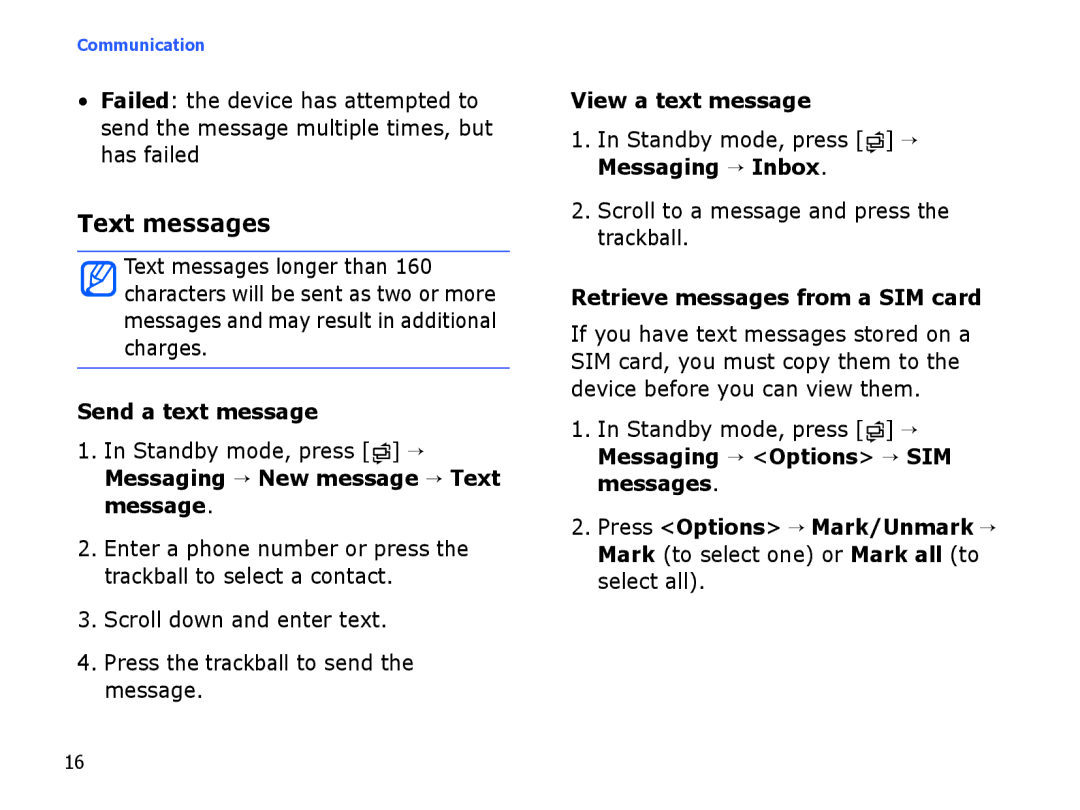 Samsung SGH-I550DKFXSG manual Text messages, Send a text message, View a text message, Retrieve messages from a SIM card 