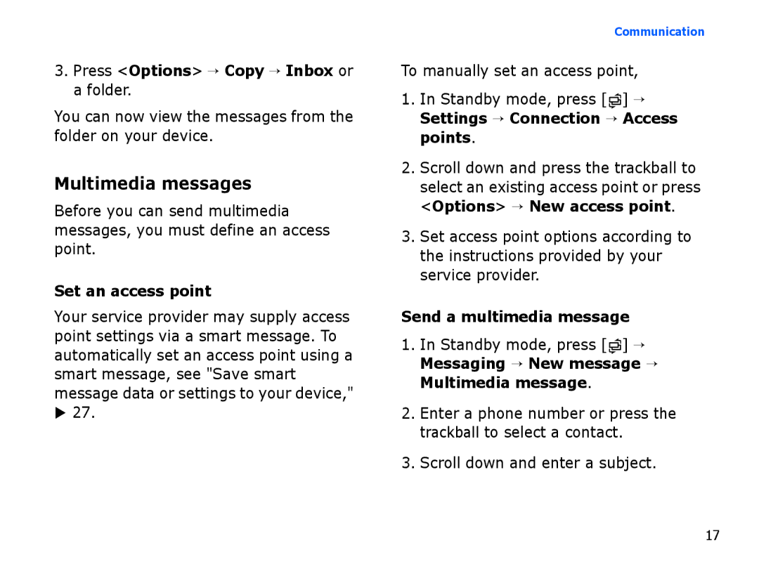 Samsung SGH-I550DKWARB, SGH-I550DKFXSG Multimedia messages, Press Options → Copy → Inbox or a folder, Set an access point 