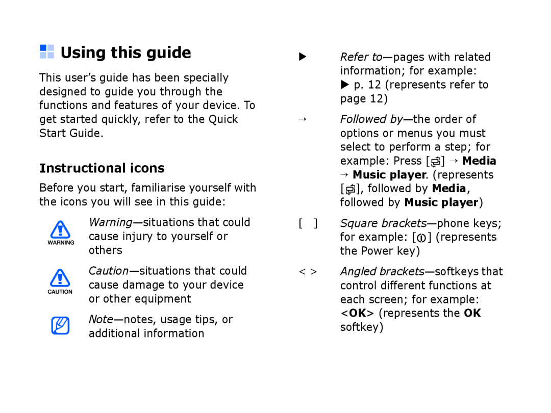 Samsung SGH-I550DKWTUR, SGH-I550DKFXSG, SGH-I550DKWARB Using this guide, Instructional icons, Others Or other equipment 