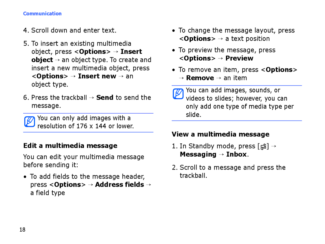 Samsung SGH-I550DKWTUR manual Press the trackball → Send to send the message, Edit a multimedia message, → Remove → an item 