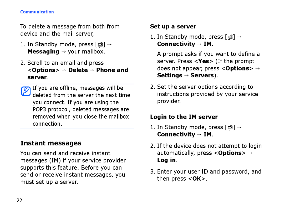 Samsung SGH-I550DKAXSG Instant messages, Options → Delete → Phone and server, Set up a server, Login to the IM server 