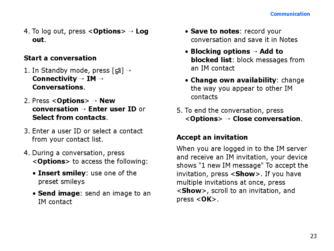 Samsung SGH-I550DKWXSG, SGH-I550DKFXSG, SGH-I550DKWARB Start a conversation, Insert smiley use one of the preset smileys 