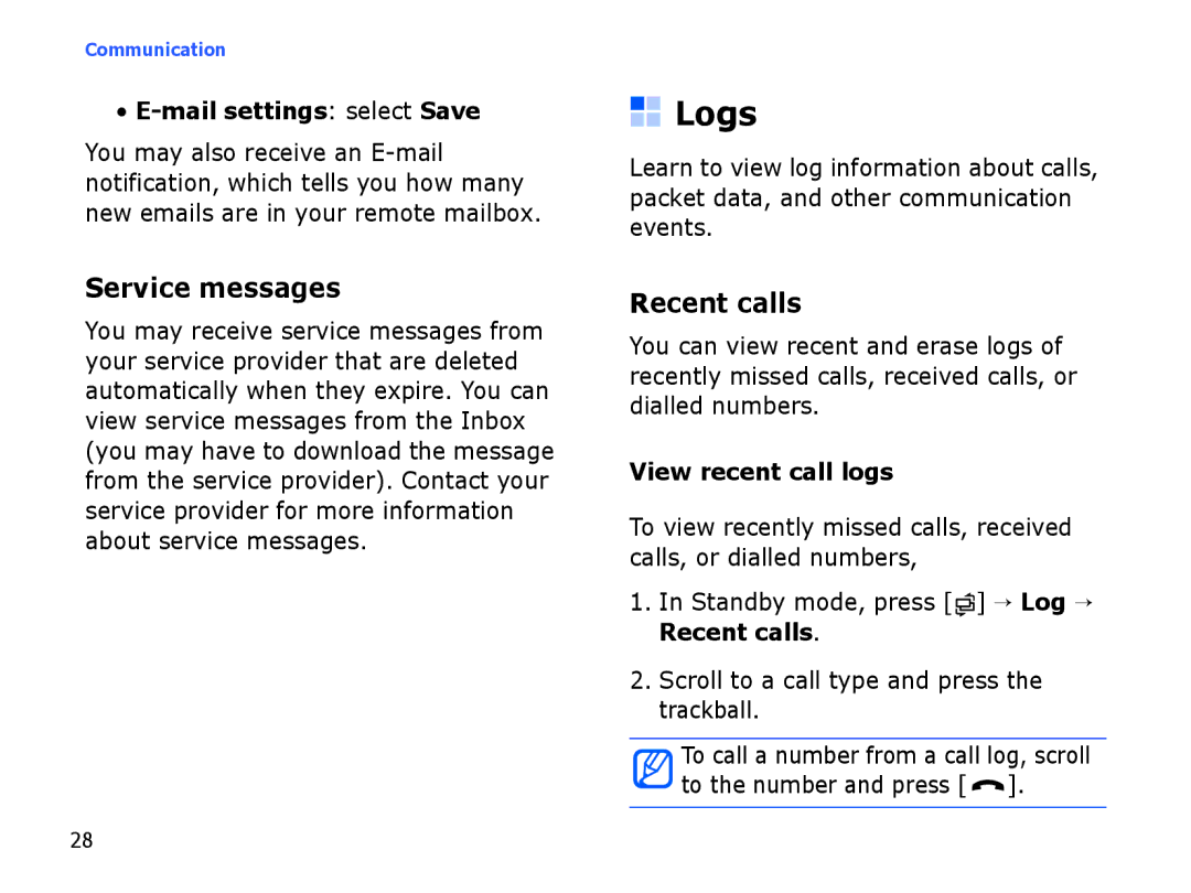 Samsung SGH-I550DKWMED manual Logs, Service messages, Recent calls, Mail settings select Save, View recent call logs 