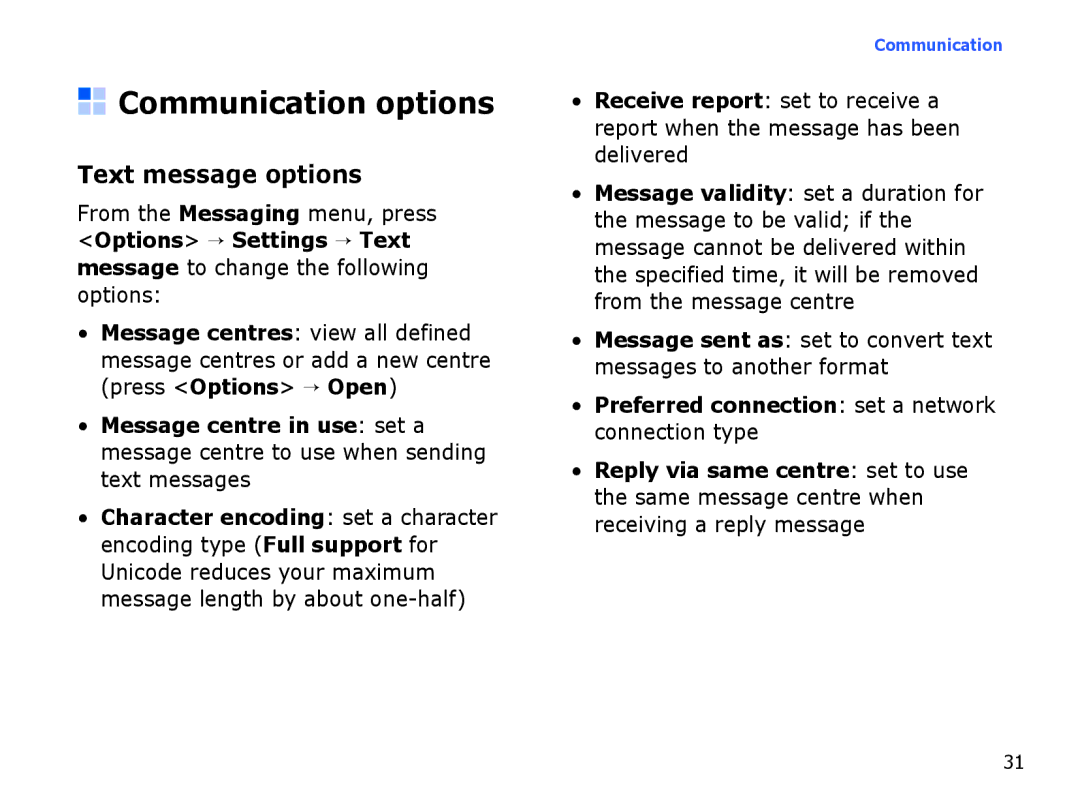 Samsung SGH-I550DKAXSG, SGH-I550DKFXSG, SGH-I550DKWARB, SGH-I550DKWTUR manual Communication options, Text message options 