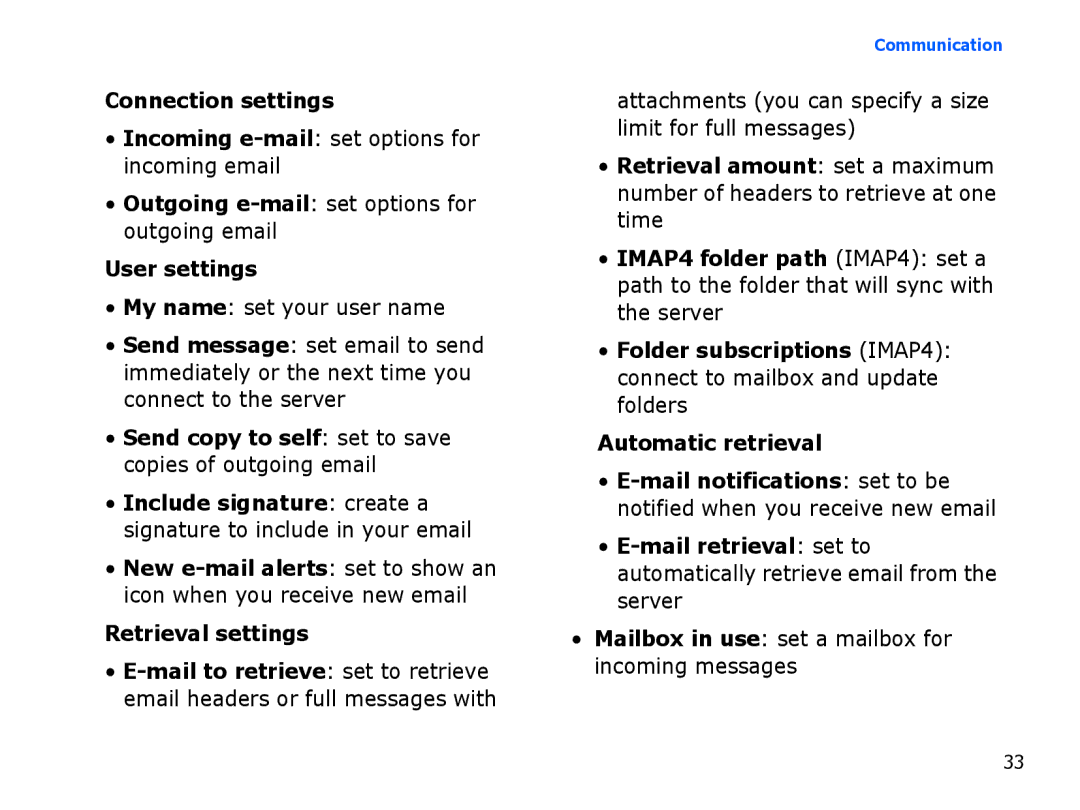 Samsung SGH-I550DKAARB, SGH-I550DKFXSG manual Retrieval settings, Attachments you can specify a size limit for full messages 