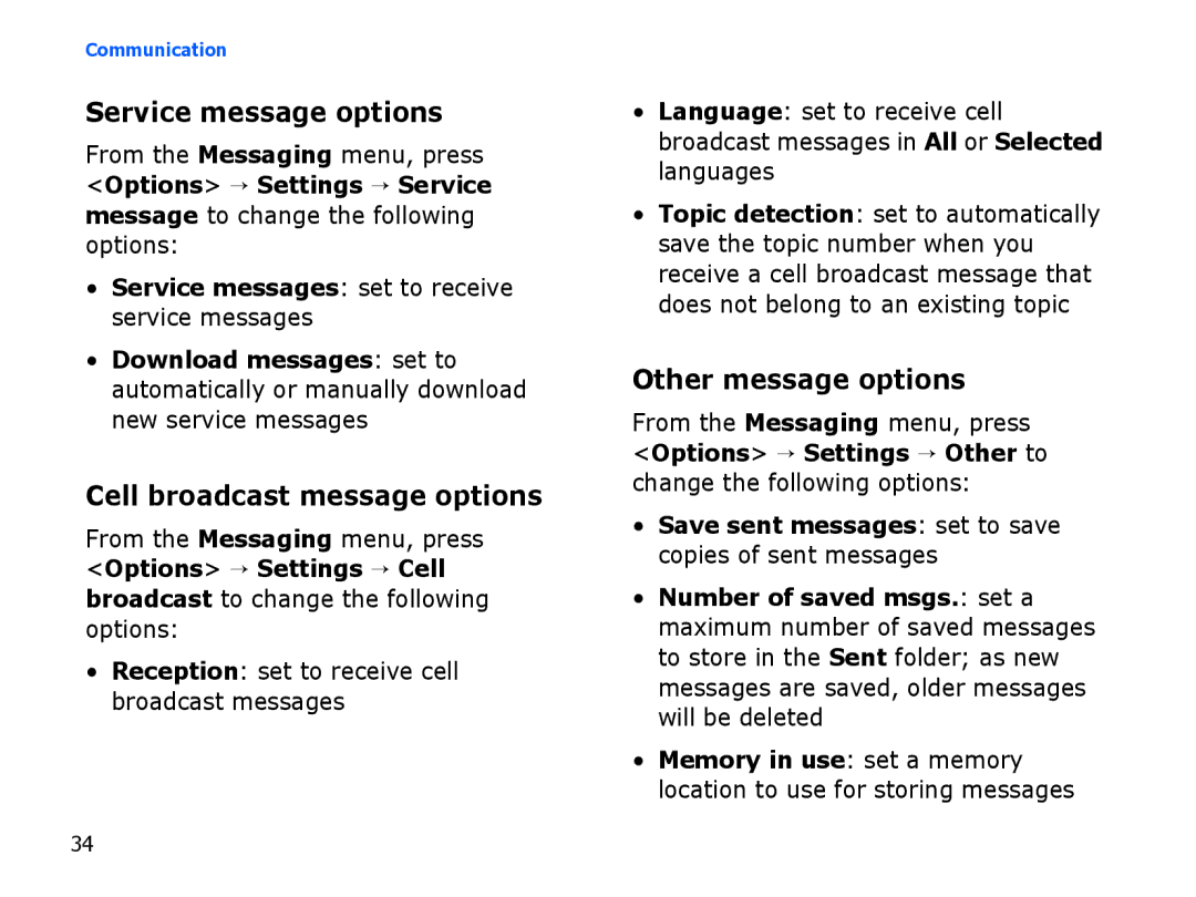 Samsung SGH-I550DKFXSG, SGH-I550DKWARB manual Service message options, Cell broadcast message options, Other message options 