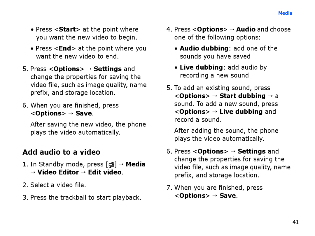 Samsung SGH-I550DKWXSG, SGH-I550DKFXSG Add audio to a video, Press End at the point where you want the new video to end 