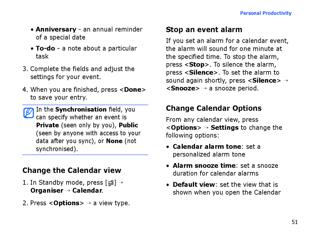 Samsung SGH-I550DKAARB, SGH-I550DKFXSG manual Change the Calendar view, Stop an event alarm, Change Calendar Options 