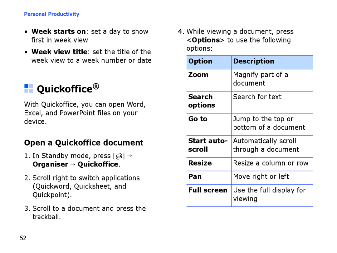 Samsung SGH-I550DKFXSG, SGH-I550DKWARB, SGH-I550DKWTUR, SGH-I550DKWMED, SGH-I550DKMXSG manual Open a Quickoffice document 