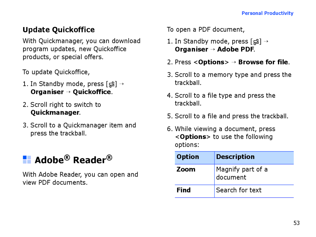 Samsung SGH-I550DKWARB manual Adobe Reader, Update Quickoffice, To update Quickoffice, Press Options → Browse for file 