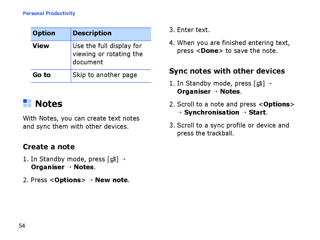 Samsung SGH-I550DKWTUR Create a note, Sync notes with other devices, Press Options → New note, → Synchronisation → Start 