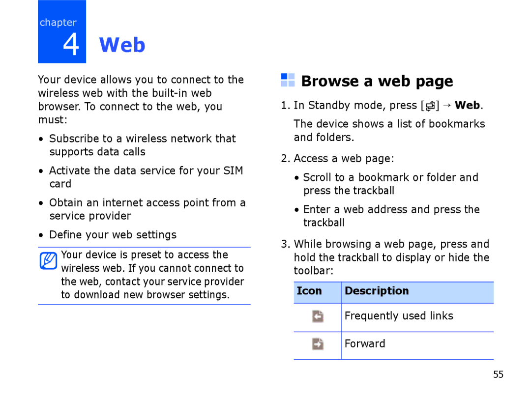 Samsung SGH-I550DKWMED, SGH-I550DKFXSG, SGH-I550DKWARB Web, Browse a web, Icon Description Frequently used links Forward 