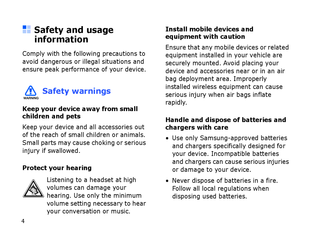 Samsung SGH-I550DKAXSG, SGH-I550DKFXSG manual Keep your device away from small children and pets, Protect your hearing 