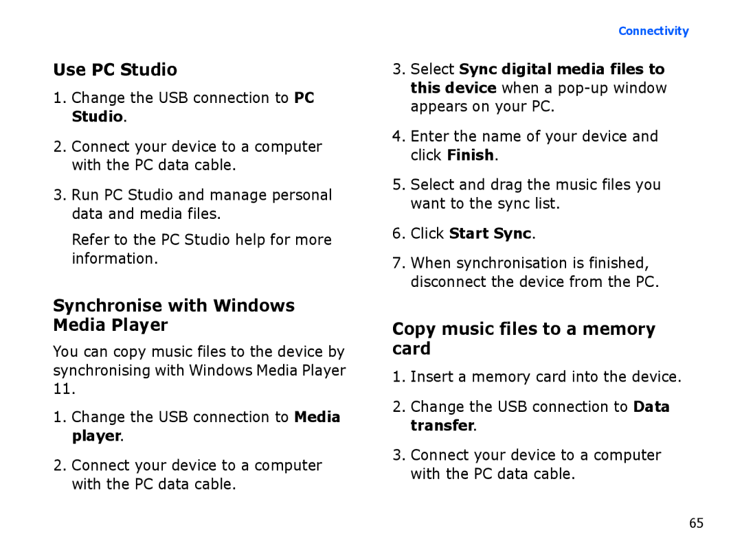 Samsung SGH-I550DKMXSG manual Synchronise with Windows Media Player, Copy music files to a memory card, Click Start Sync 